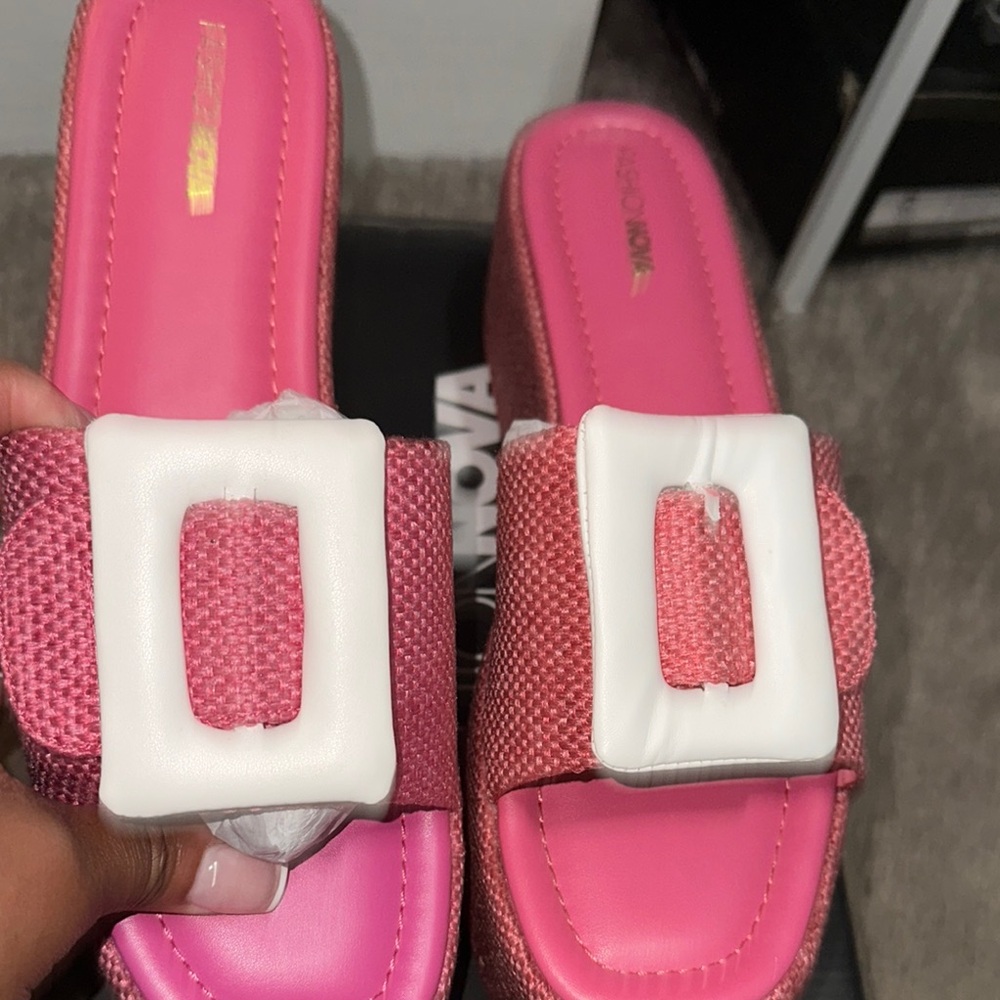 Fashion Nova Pink and White Mules with Bold Buckle